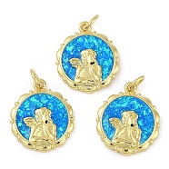 Rack Plating Brass Pendants, with Synthetic Opal, Long-Lasting Plated, Lead Free & Cadmium Free, Flower with Angel Pattern, Real 18K Gold Plated, 17.5x15x2.5mm, Hole: 3mm(KK-U032-16G)