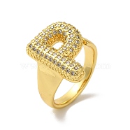 Letter Brass Micro Pave Clear Cubic Zirconia Open Cuff Ring for Women, Real 18K Gold Plated, Letter P, 19.5x15mm, US Size 6(16.5mm)(RJEW-N046-03P-G)