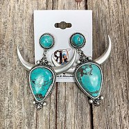 Synthetic Turquoise Boho Stud Earrings, with Alloy for Womem, Cattle, 40x30mm(PW23031661628)