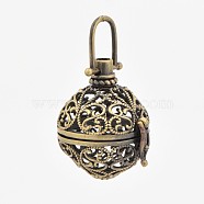 Vintage Filigree Round Brass Cage Pendants, For Chime Ball Pendant Necklaces Making, Antique Bronze, 43mm, 32x29x25mm, Hole: 7x10mm, 21mm inner diameter(KK-D389-11AB)