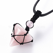 Natural Rose Quartz Cone Pendant Necklace, Full Wrapped Gemstone Pendant Necklace for Girl Women, Black, 30.7~31.73 inch(78~80.6cm)(NJEW-Q313-001F)