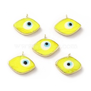 Handmade Lampwork Pendants, with Rack Plating Brass Findings, Long-Lasting Plated, Evil Eye, Yellow, 17~18x21~22x4~4.5mm, Hole: 2mm(LAMP-F026-06F)