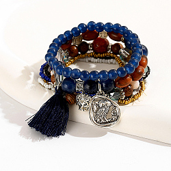7Pcs 7 Style Stackable Bracelet Sets, Glass Seed Beaded Stretch Bracelets, with Alloy Lion Owl, Mixed Color, Inner Diameter: 2-3/8~2-3/4 inch(6~7cm), 1pc/style(TX9961-2)