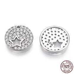 Rhodium Plated 925 Sterling Silver Micro Pave Cubic Zirconia Charms, with S925 Stamp, Flat Round with Star Charms, Nickel Free, Real Platinum Plated, 9.5x1.5mm, Hole: 0.8mm(STER-T004-65P)