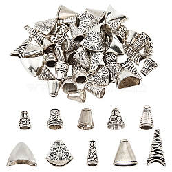 50Pcs 10 Style Tibetan Style Alloy Bead Cone & Caps, Antique Silver, 12~24x11~20x6~12mm, Hole: 1~10mm, 5pcs/style(FIND-NB0003-16)