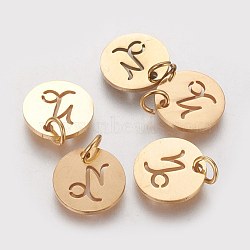 304 Stainless Steel Charms, Flat Round with Constellation/Zodiac Sign, Golden, Capricorn, 12x1mm, Hole: 3mm(STAS-Q201-T445-10G)