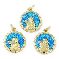 Rack Plating Brass Pendants, with Synthetic Opal, Long-Lasting Plated, Lead Free & Cadmium Free, Flower with Angel Pattern, Real 18K Gold Plated, 17.5x15x2.5mm, Hole: 3mm(KK-U032-16G)