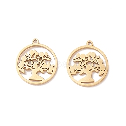 304 Stainless Steel Pendants, Flat Round with Tree of Life, Golden, 13x12x0.8mm, Hole: 1mm(STAS-E159-02G)