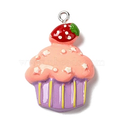Opaque Resin Imitation Food Pendants, Strawberry Cupcake Charms with Platinum Tone Iron Loops, Plum, 33.5x22.5x7.5mm, Hole: 2mm(FIND-Z006-05B)