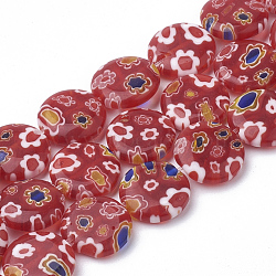 Handmade Millefiori Lampwork Beads Strands, Flat Round, Red, 12x3.5mm, Hole: 0.8mm, about 32pcs/strand, 14.5 inch(LAMP-T005-12)