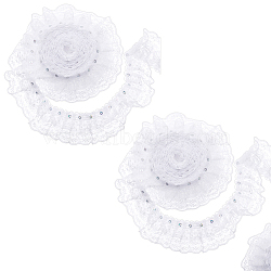Polyester Lace Trim, Pleated Ribbon, with Paillette, White, 2 inch(50mm), 5 yards/card(OCOR-WH0047-91A)