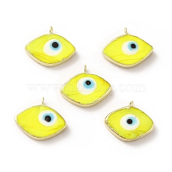 Handmade Lampwork Pendants, with Rack Plating Brass Findings, Long-Lasting Plated, Evil Eye, Yellow, 17~18x21~22x4~4.5mm, Hole: 2mm(LAMP-F026-06F)