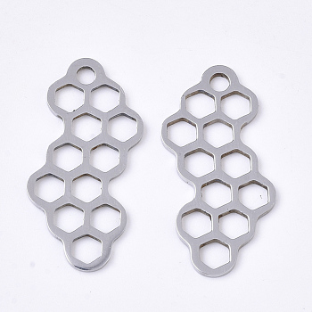 201 Stainless Steel Filigree Joiners, Laser Cut Links, Geometric Honeycomb Shape, Stainless Steel Color, 26x12x1mm