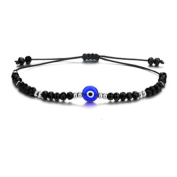 Adjustable Glass Evil Eye Brided Bead Bracelet, Black, 