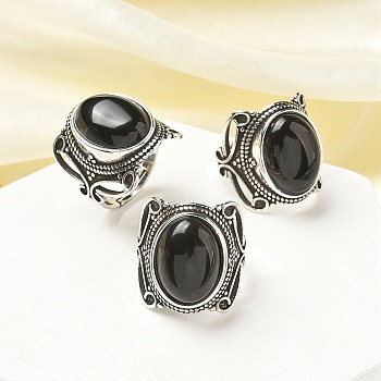 Natural Obsidian Adjustable Rings, Lead Free & Cadmium Free, Antique Silver Plated Brass Finger Rings for Women, Oval, 20.5mm, Inner Diameter: 17mm