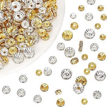 720Pcs 3 Style 2 Colors Iron Rhinestone Spacer Beads, for Jewelry Craft Making Findings, Straight Edge, Rondelle, Mixed Color, 120pcs/color, 2 colors/style