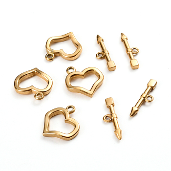 Ion Plating(IP) 304 Stainless Steel Toggle Clasps, Heart & Arrow, Golden, Ring: 20x18x3mm, Hole: 2mm, Bar: 23.5x6.5x2.5mm, Hole: 1.8mm