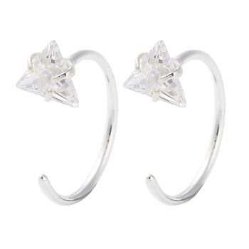 999 Sterling Silver Micro Pave Clear Cubic Zirconia Pull Through Earrings, Silver, Triangle, 12.5x4.5mm