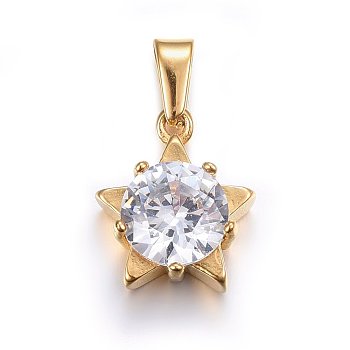 Cubic Zirconia Charms, with 304 Stainless Steel Findings, Star, Clear, Golden, 14x12x5.5mm, Hole: 5x3mm
