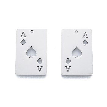 201 Stainless Steel Pendant,  Playing Cards Charms, Ace of Spades, Stainless Steel Color, 28x18x1.5mm, Hole: 1.5mm