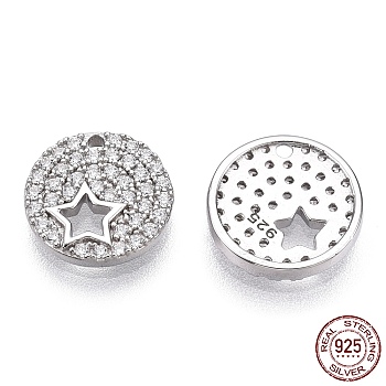 Rhodium Plated 925 Sterling Silver Micro Pave Cubic Zirconia Charms, with S925 Stamp, Flat Round with Star Charms, Nickel Free, Real Platinum Plated, 9.5x1.5mm, Hole: 0.8mm