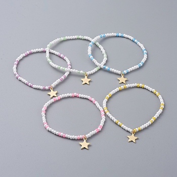 Glass Seed Beaded Kids Stretch Bracelets, with Star Brass Charms, Mixed Color, 2 inch(5cm)