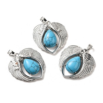 Synthetic Turquoise Dyed Teardrop Pendants, Wing Charms, with Rack Plating Platinum Plated Brass Findings, Lead Free & Cadmium Free, 36x34x8~8.5mm, Hole: 8x5mm