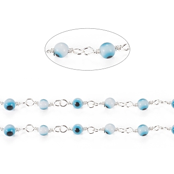 3.28 Feet Handmade Evil Eye Lampwork Round Beaded Chains, with Brass Findings, Unwelded, Long-Lasting Plated, Silver, Light Blue, 12.5x2.8x4x1.5mm, Beads: 4mm