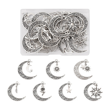 Jewelry 28Pcs 7 Style Tibetan Style Zinc Alloy Pendants, Moon with Feather & Sun & Star & Rose , Antique Silver, 40~41x30~35.5x1.3~2.5mm, Hole: 2.2~2.5mm, 4pcs/style