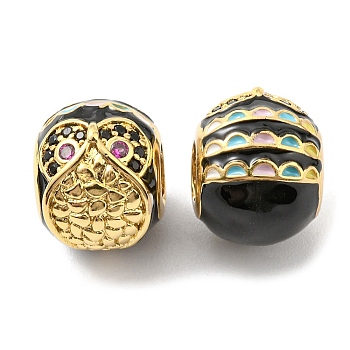 Rack Plating Brass Micro Pave Cubic Zirconia European Beads, with Enamel, Large Hole Beads, Lead Free & Cadmium Free, Owl, Real 18K Gold Plated, 11~12x10mm, Hole: 4.2mm