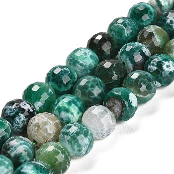 Natural Fire Crackle Agate Beads Strands, Dyed & Heated, Round, Faceted, Dark Cyan, 13.5~14mm, Hole: 1.4mm, about 28~29pcs/strand, 15.16 inch(38.5cm)