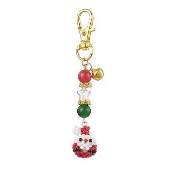 Christmas Santa Claus Handmade Glass Seed Beads Pendant Decorations, Round Natural & Dyed Malaysia Jade & Swivel Lobster Clasp Charms for Bag Ornaments, 87mm