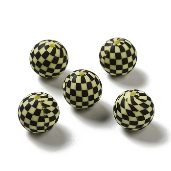 Opaque Silicone Beads, Round with Tartan, Light Goldenrod Yellow, 15x14.5mm, Hole: 2.3mm