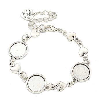 Antique Silver Plated Alloy Link Chain Bracelet Making, Fit for Cabochons, Heart, 6-3/4 inch(17cm), Tray: 12mm