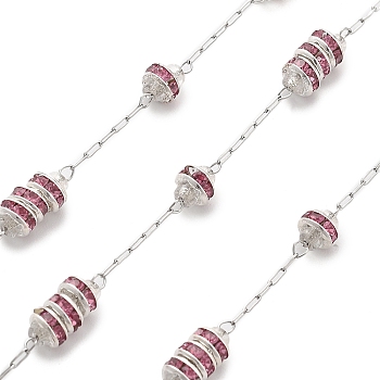 Handmade Glass Beads & Rhinestone Chains, for Necklaces Bracelets Making, with 304 Stainless Steel Chains, Soldered, with Spool, Pale Violet Red, Link: 2.5x0.8x0.3mm, about 16.40 Feet(5m)/Roll