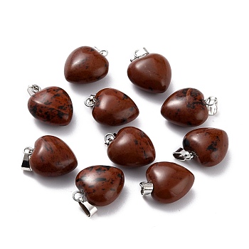Natural Mahogany Obsidian Pendants, with Platinum Brass Loops, Heart, 18~19x15~15.5x6~8mm, Hole: 6x2.5~3mm