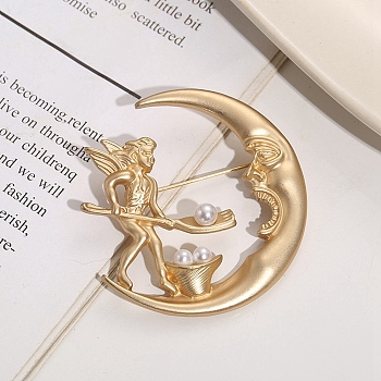 Baroque Style Brooch for Women, Alloy Brooches, with Plastic Imitation Pearl, Moon, 50mm