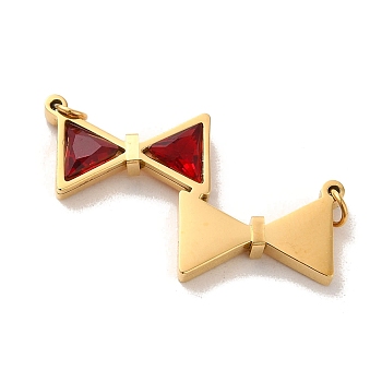 Glass Pendants, with Ion Plating(IP) Golden 304 Stainless Steel Findings, Bowknot Charms, FireBrick, 16.5x27x3mm, Hole: 3mm