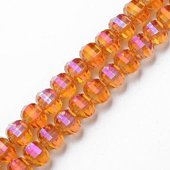 Electroplate Transparent Glass Beads Strands, Faceted, Round, Dark Orange, 9.5x8.5mm, Hole: 1.5mm, about 65~70pcs/strand, 22.05 inch~23.62 inch(56~60cm)