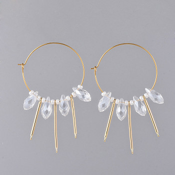316L Surgical Stainless Steel Hoop Earring, with teardrop, Glass Beads, Round Glass Seed Beads and Brass Bar Links, Golden, Clear, 64mm, Pin: 0.7mm