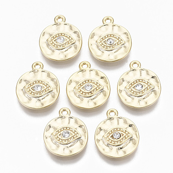 Alloy Pendants, with Crystal Rhinestone, Cadmium Free & Nickel Free & Lead Free, Hammered, Flat Round with Eye, Real 18K Gold Plated, 17x14x3mm, Hole: 1.5mm