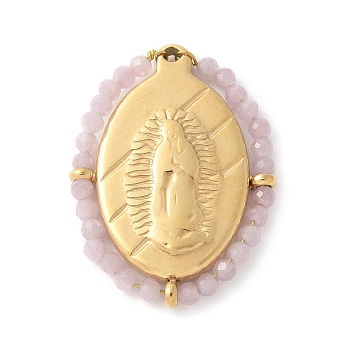 304 Stainless Steel Oval Embossed Jesus Pendants, Synthetic Luminous Stone Faceted Round Beaded Charms, Real 14K Gold Plated, Misty Rose, 25.5x19x2.5mm, Hole: 1.2mm