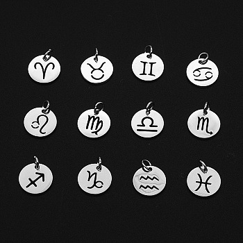 2 Sets 201 Stainless Steel Charms, Laser Cut, with Jump Rings, Flat Round with 12 Constellations, Stainless Steel Color, 12x12x1mm, Total: 12pcs/set.