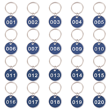 ARRICRAFT Aluminium Alloy Numbered Marking Identification Hang Tags, Luggage Labels, ID Tag, Number Markers, with Iron Key Ring, Flat Round with Number 001~020, Blue, 62mm, 20pcs/box