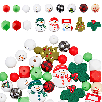 HOBBIESAY 43Pcs 17 Style Christmas Theme Silicone Beads and Wooden Beads, Chewing Beads For Teethers, DIY Nursing Necklaces Making, Mixed Shapes, Mixed Color, 12~30x12~31.5x7
~14mm, Hole: 2~4mm
