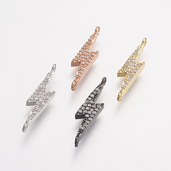 Brass Micro Pave Cubic Zirconia Links, Clear, Lightning Bolt, Mixed Color, 6x27x3mm, Hole: 1mm