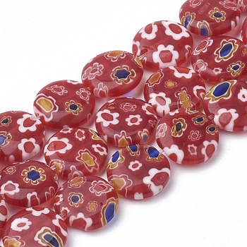 Handmade Millefiori Lampwork Beads Strands, Flat Round, Red, 12x3.5mm, Hole: 0.8mm, about 32pcs/strand, 14.5 inch
