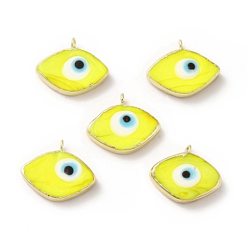 Handmade Lampwork Pendants, with Rack Plating Brass Findings, Long-Lasting Plated, Evil Eye, Yellow, 17~18x21~22x4~4.5mm, Hole: 2mm