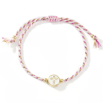 Brass Enamel Bead Braided Bead Bracelets, Synthetic Fiber Cord Braided Bracelets for Women, Flat Round with Cross, Pink, 11.02 inch(28cm)