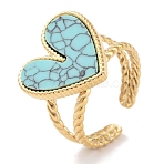 Ion Plating(IP) 304 Stainless Steel Ring, Adjustable Synthetic Turquoise Rings, Heart, 18x17.5mm, Inner Diameter: Adjustable(RJEW-B059-08G-04)
